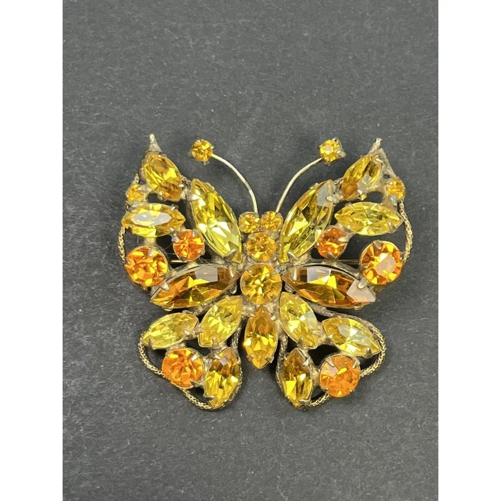 Vintage REGENCY Butterfly Brooch Orange & Yellow Rhinestones Gold Tone Signed